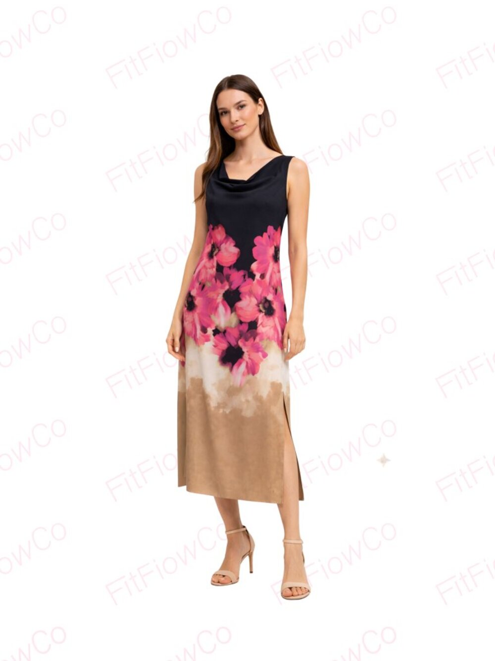 DKNY Floral Midi Dress 4P NWT Cowl Neck Side Slit Bust Lined Petite